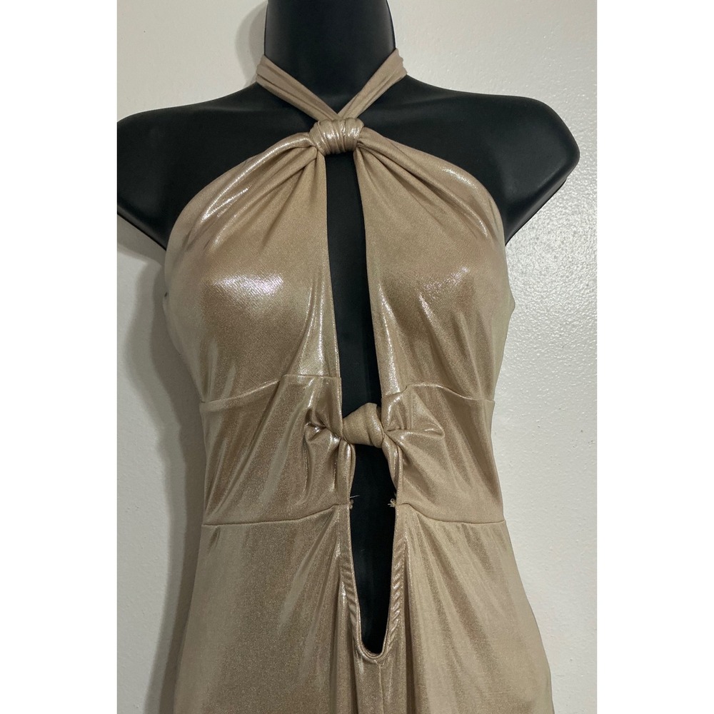 Fashion Nova Katia Metallic Champagne Halter Cutout Maxi Dress Size L Glam Party - Picture 3 of 10